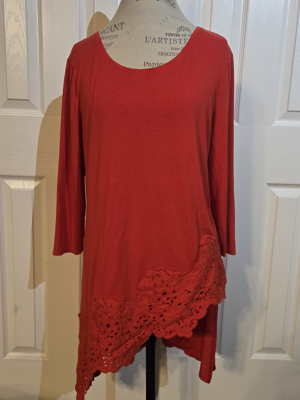 Chico's Red Lace-Hem Asymmetrical Tunic